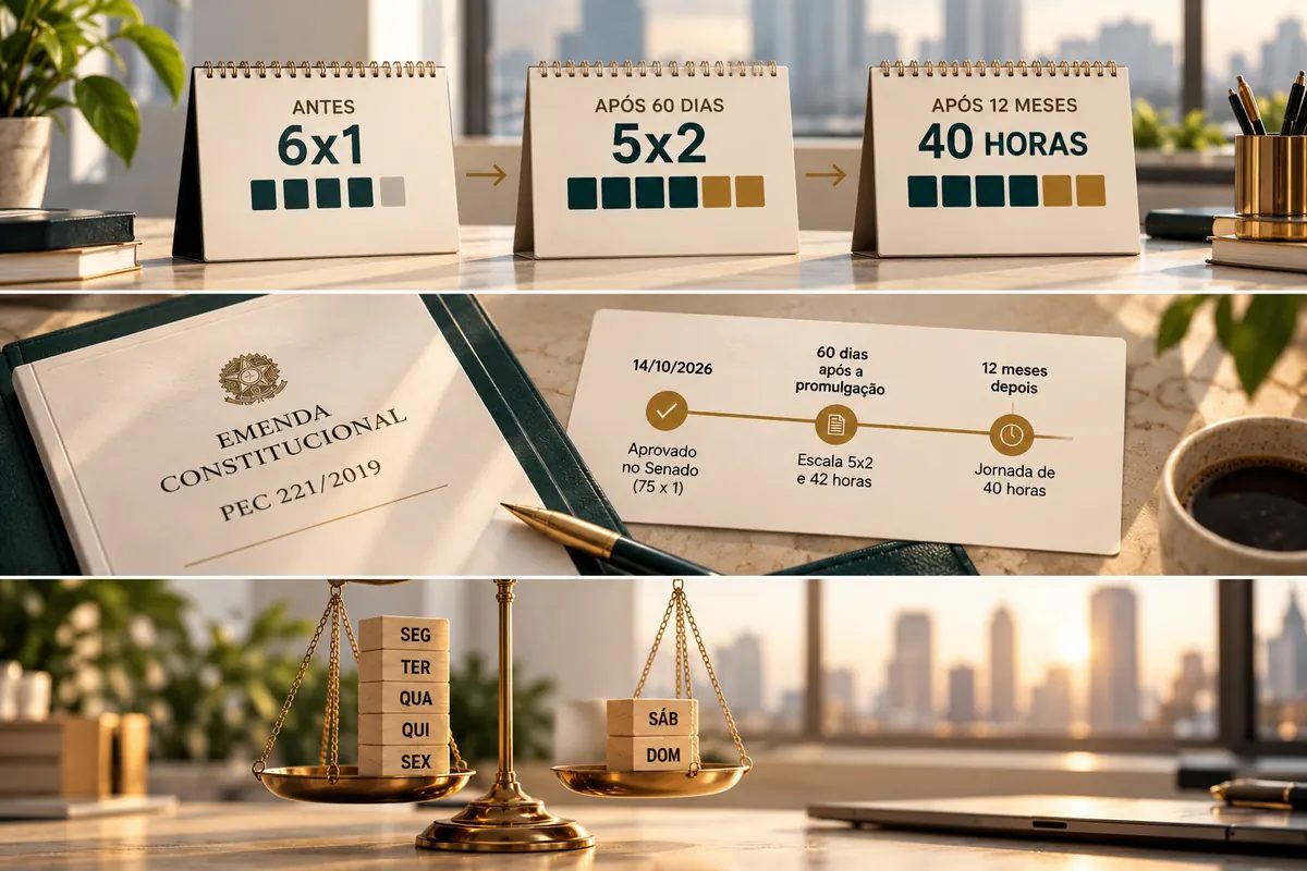 Três cenas sobre o fim da escala 6x1: calendários mostrando a transição de 6x1 para 5x2 e 40 horas, a PEC 221/2019 com o cronograma de vigência e uma balança com cinco dias de trabalho e dois de descanso
